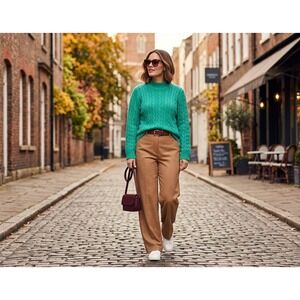Lands End Cable Knit Sweater Womens 1X Teal Green Mock Neck Button Trim Preppy